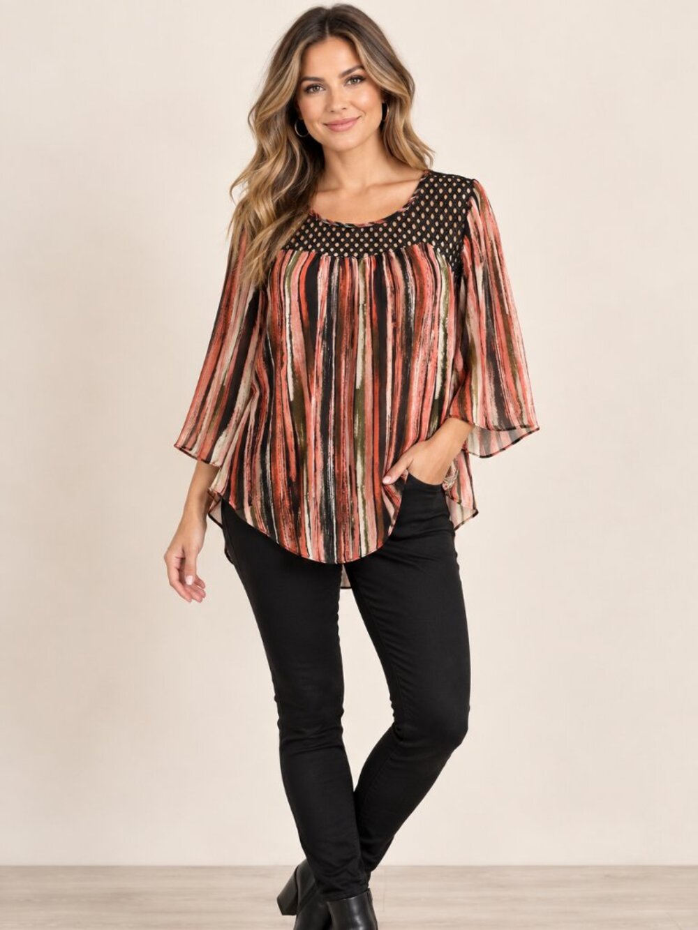 Women's Multicolor Striped Blouse with Black Crochet Yoke